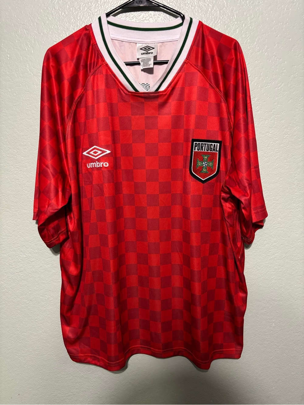 Umbro Red Portugal National Soccer Team Checkerboard Old School Jersey Sz Large